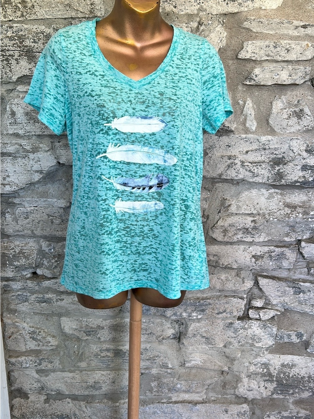 Aqua V-Neck Tee with Feather Graphic